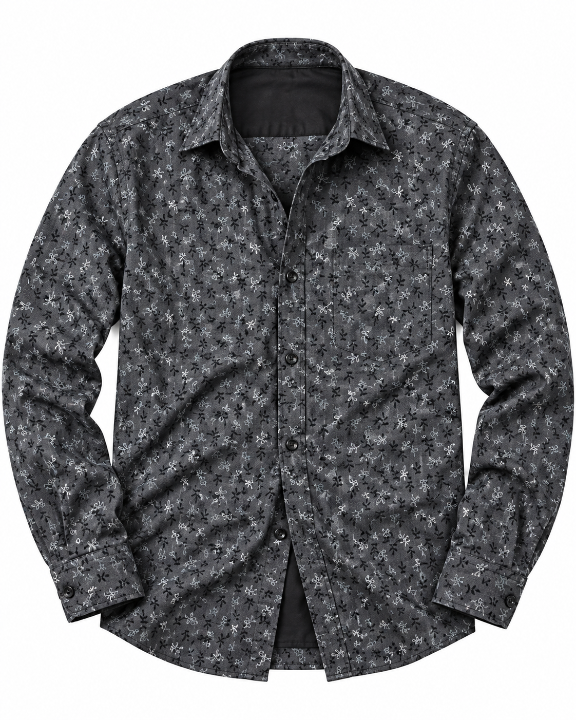 Charcoal Gray Micro Floral Print Cotton Full Sleeve Regular Fit Shirt
