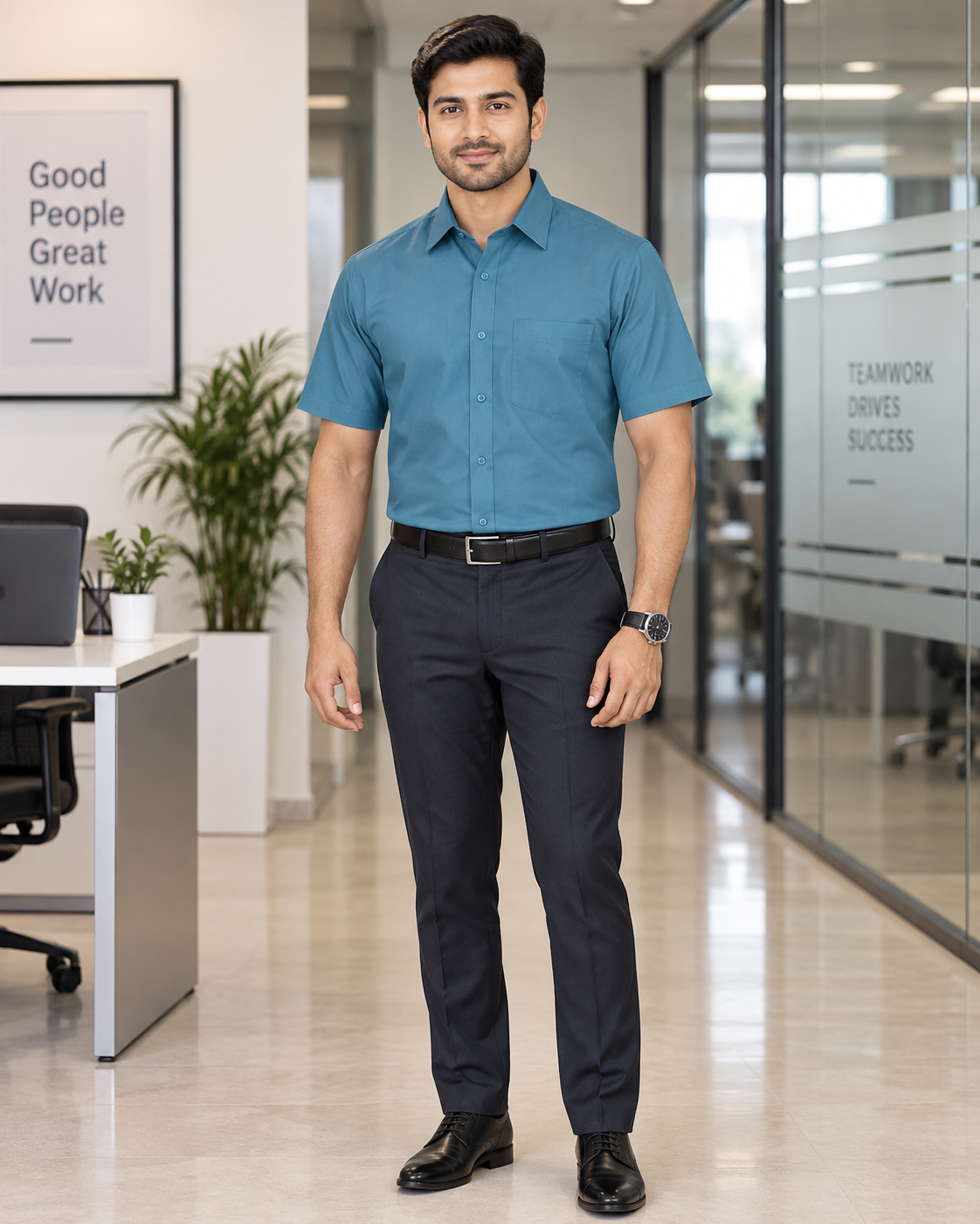 Dusty Sky Blue Solid Cotton Half Sleeve Shirt