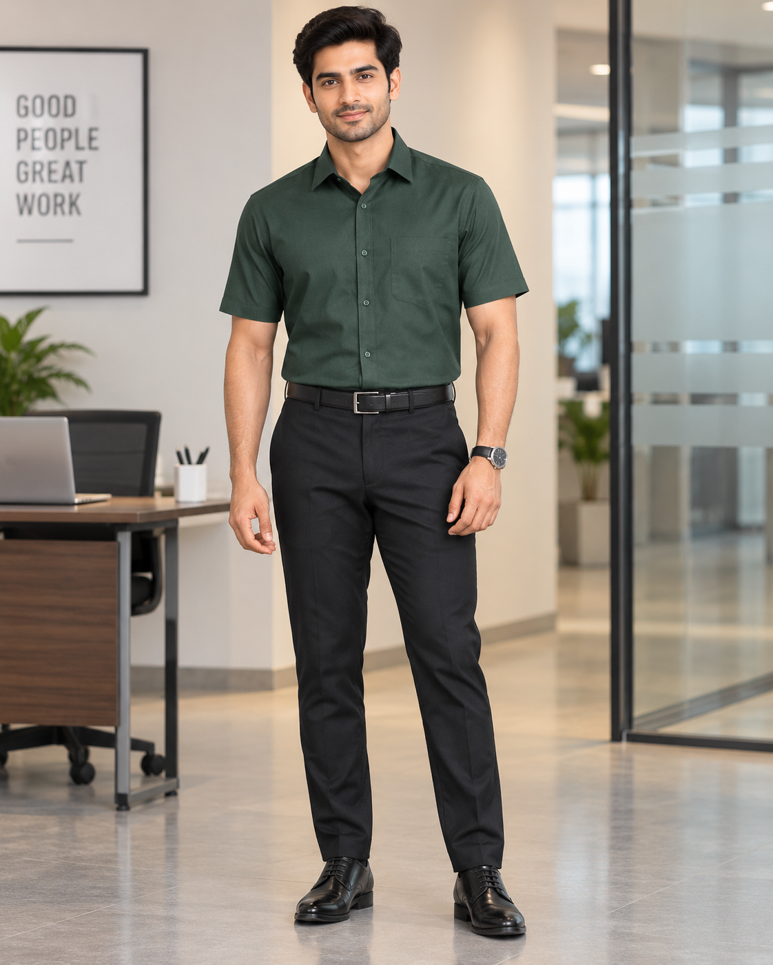 Deep Forest Green Solid Cotton Half Sleeve Shirt