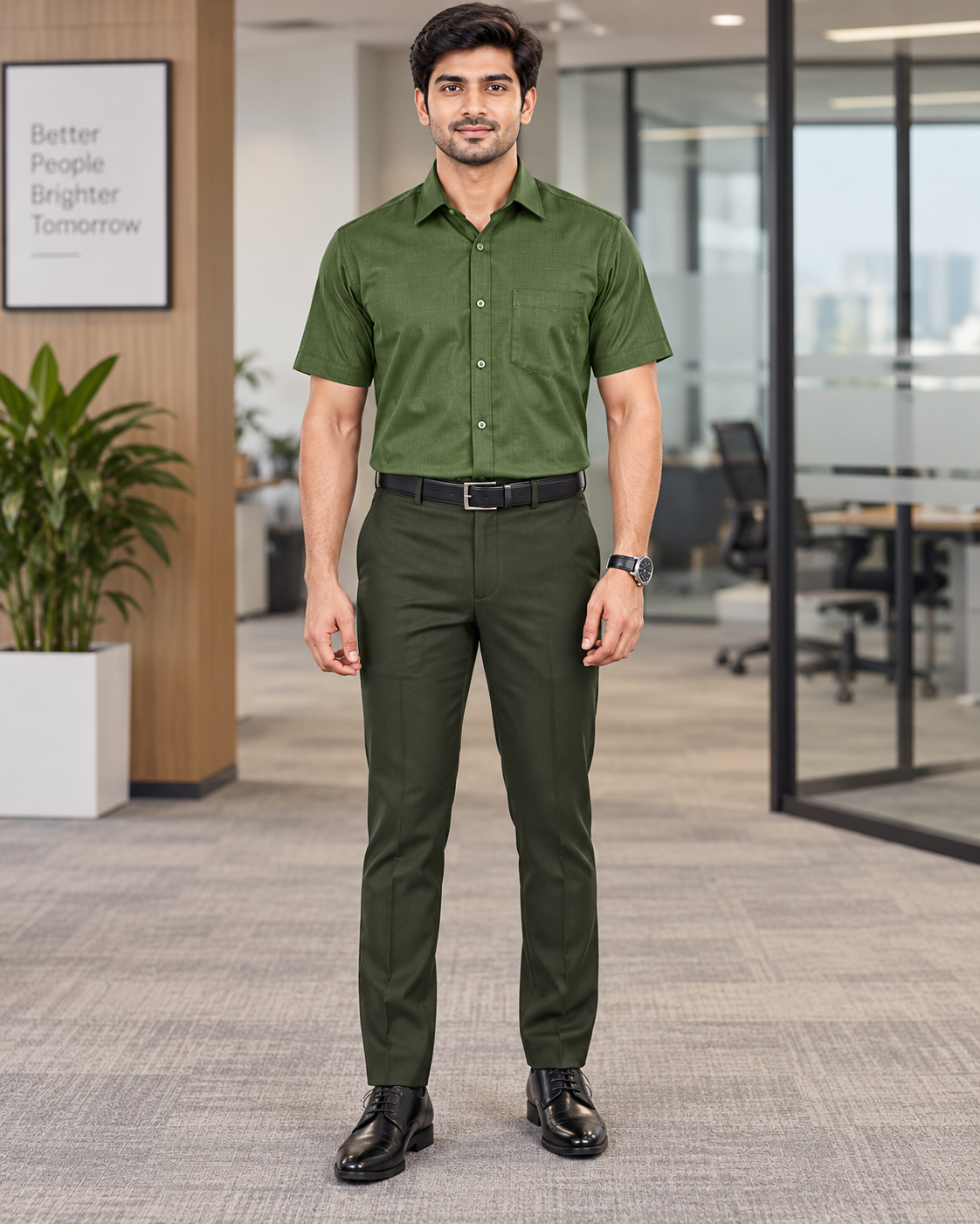 Olive Green Solid Cotton Half Sleeve Shirt