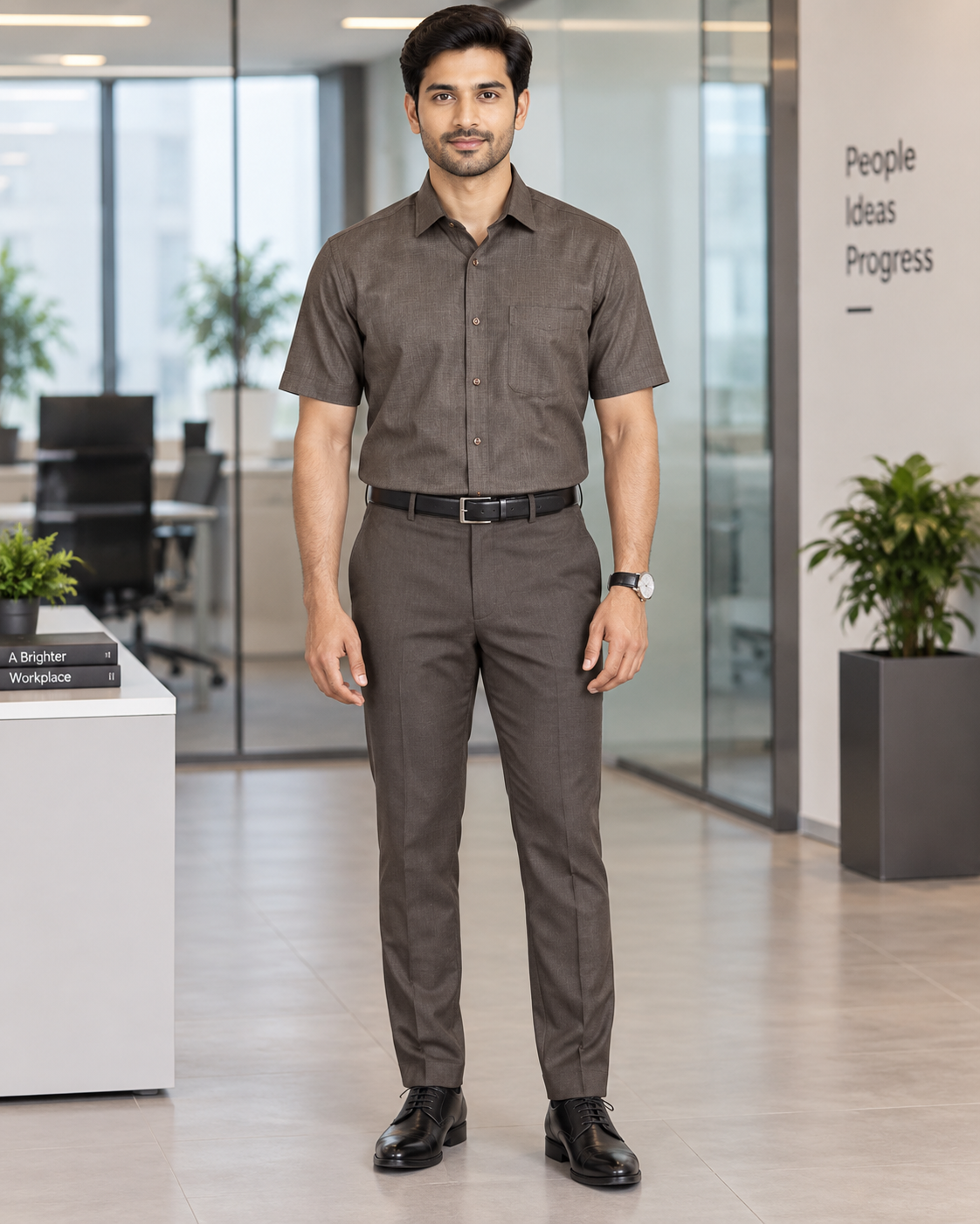 Mocha Brown Solid Cotton Half Sleeve Shirt