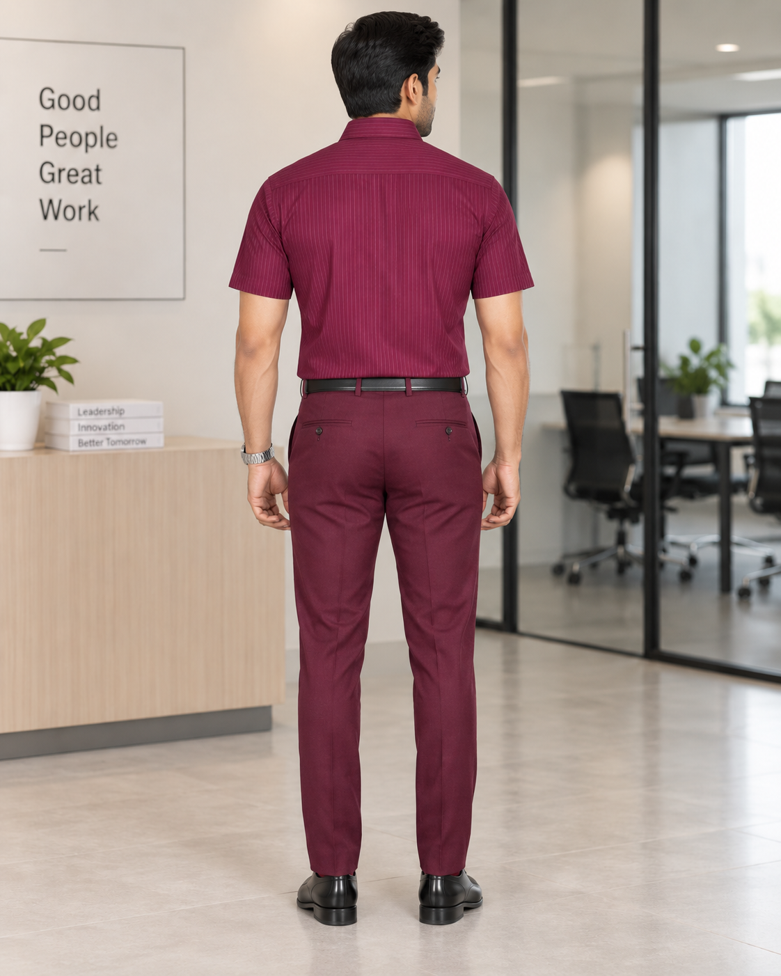 Deep Burgundy Red Vertical Pinstripe Cotton Half Sleeve Shirt
