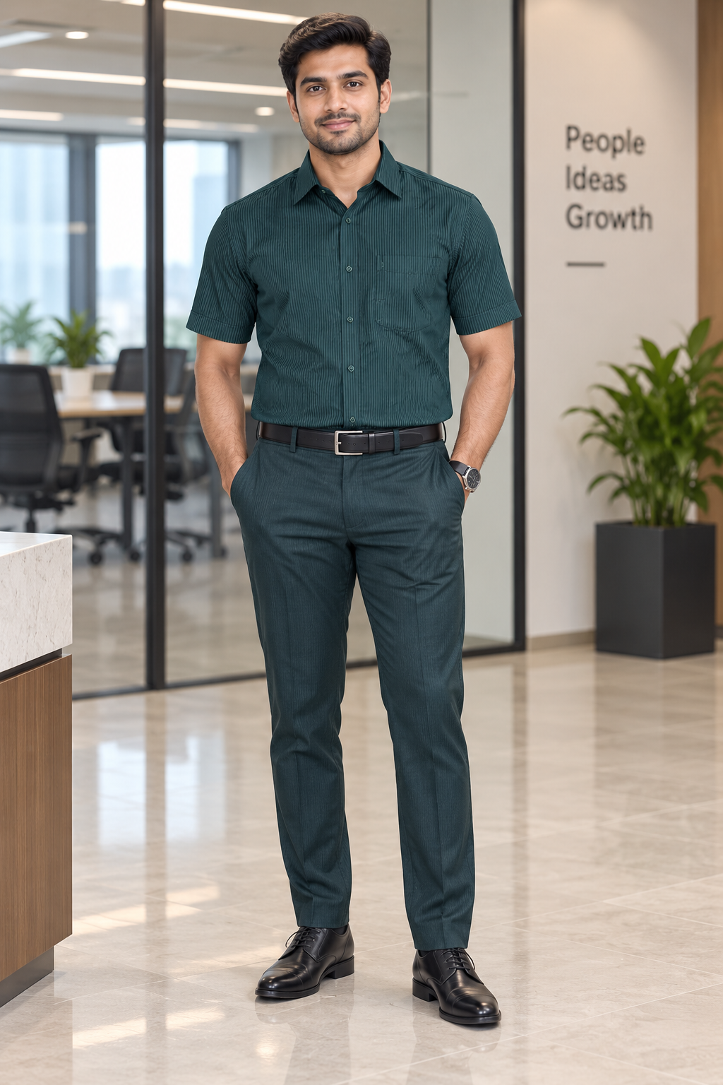 Deep Teal Green Vertical Pinstripe Cotton Half Sleeve Shirt