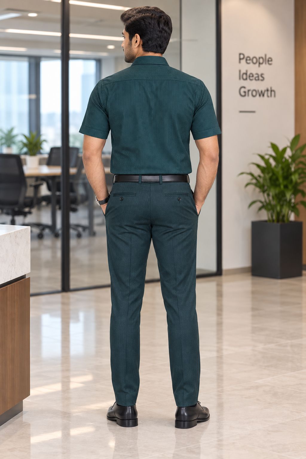 Deep Teal Green Vertical Pinstripe Cotton Half Sleeve Shirt