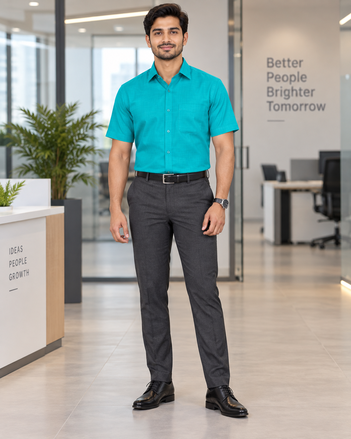 Turquoise Blue Solid Cotton Half Sleeve Shirt