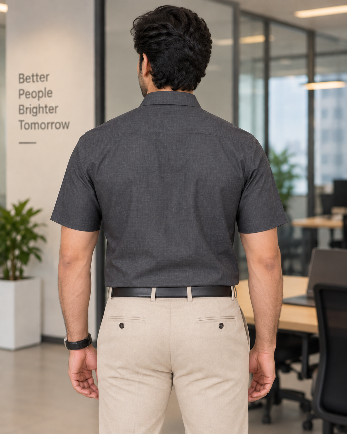 Charcoal Gray Textured Cotton Half Sleeve Shirt