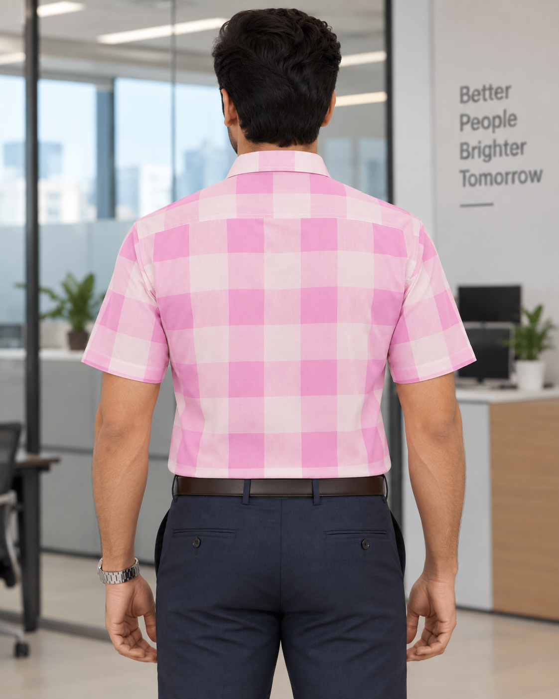 Bubblegum Pink Large Gingham Check Cotton Half Sleeve Shirt