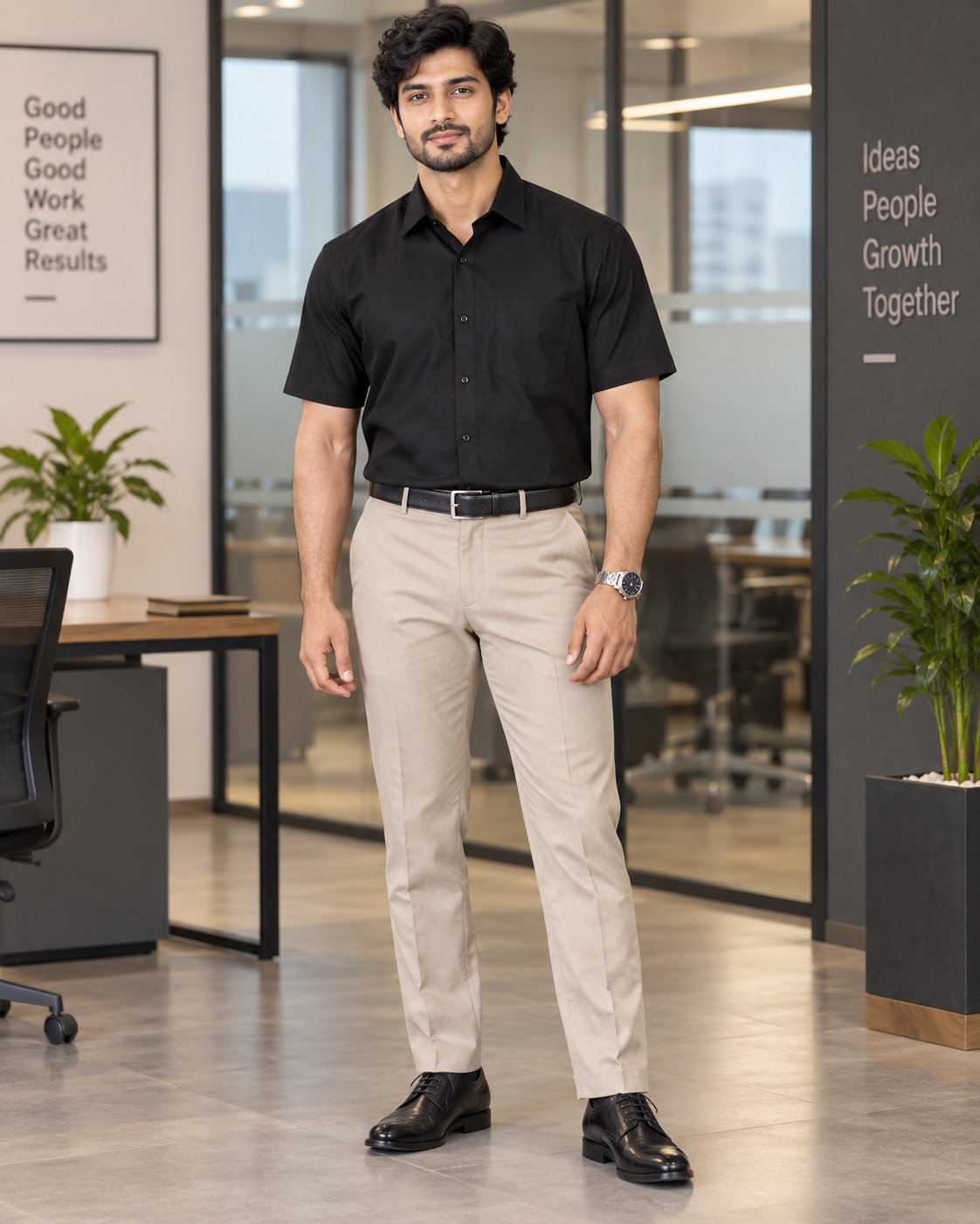 Matte Black Solid Cotton Half Sleeve Shirt
