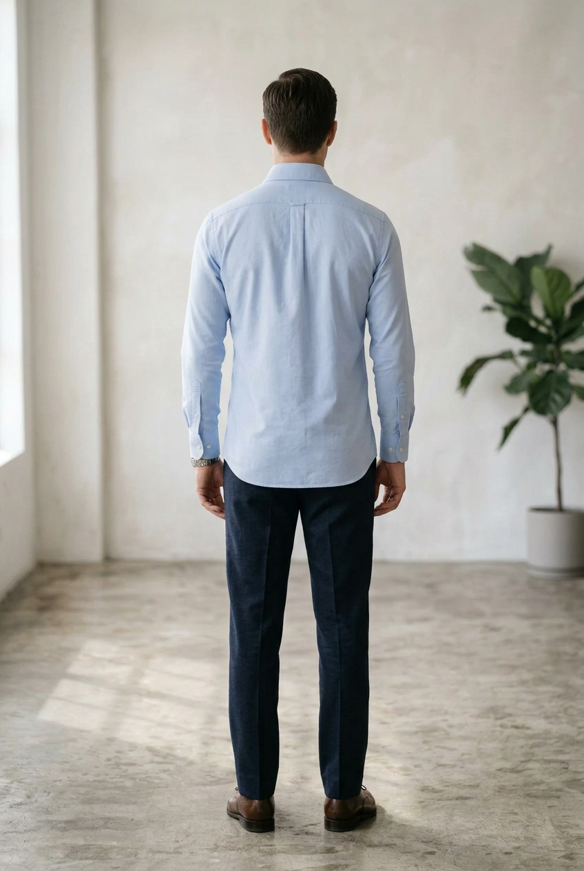 Light blue shirt back view on model