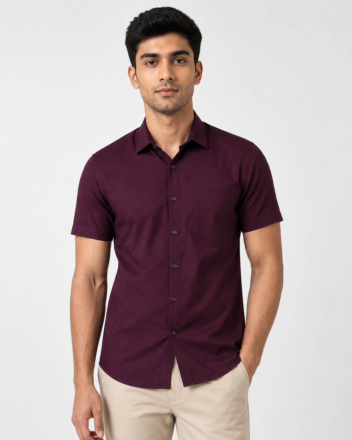 Evora Wine Burgundy Solid Cotton Half Sleeve Shirt