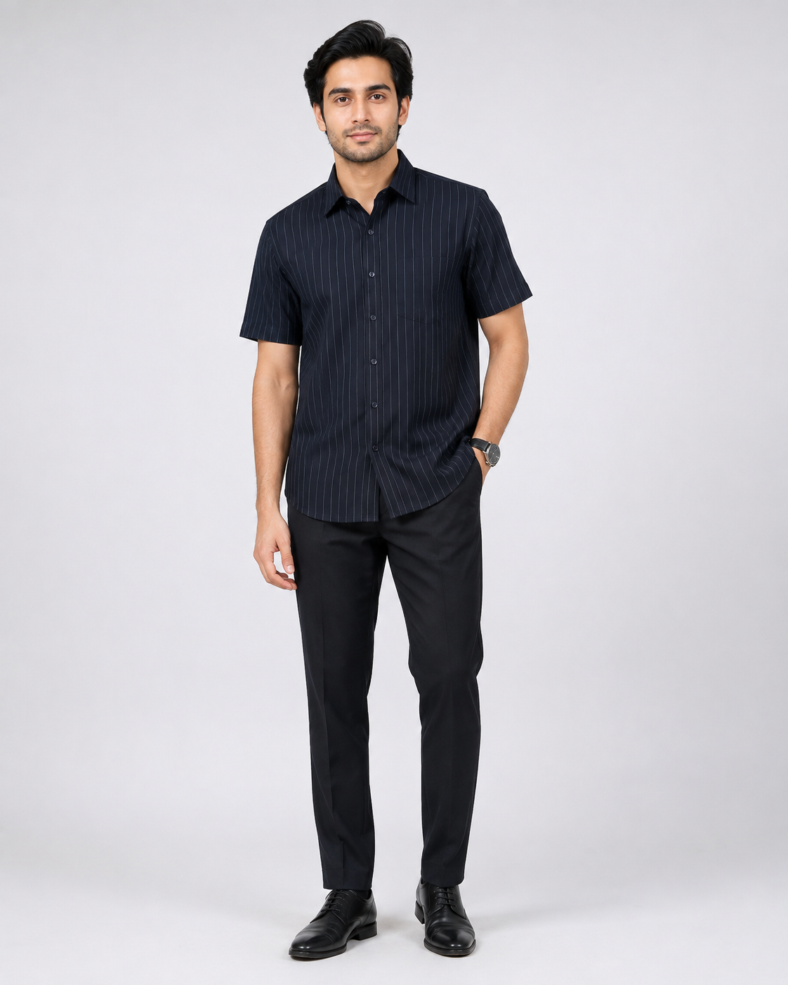 Evora Men's Midnight Navy Pinstripe Half Sleeve Shirt