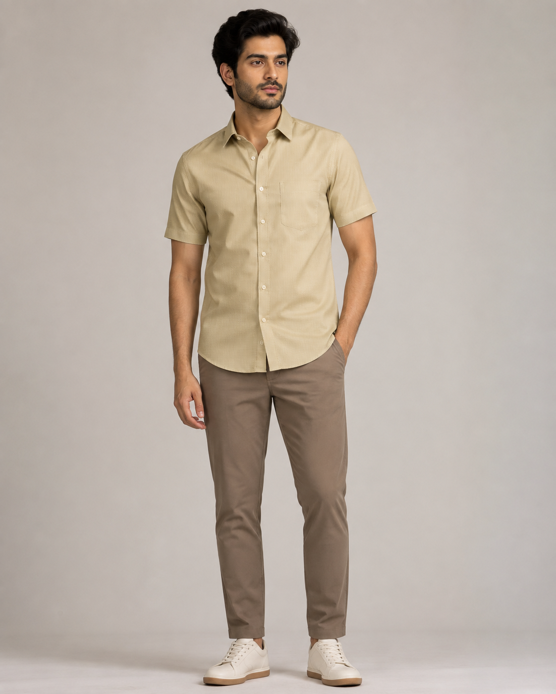 Evora Men's Golden Beige Half Sleeve Cotton Shirt