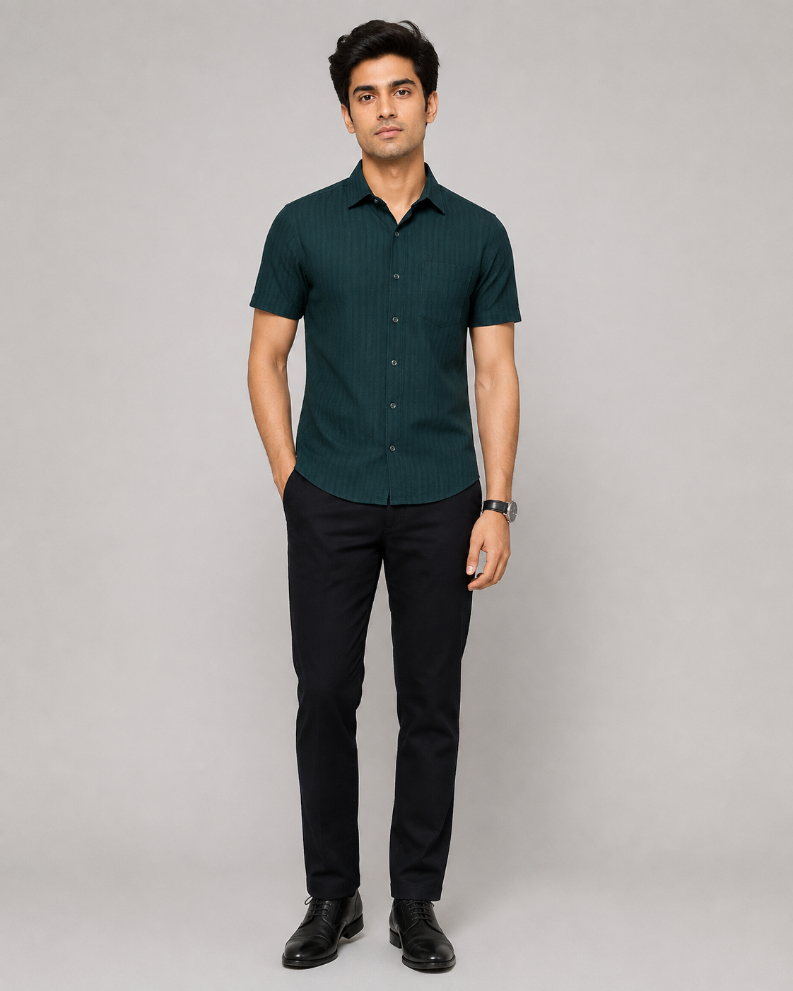 Evora Men's Deep Teal Textured Half Sleeve Cotton Shirt