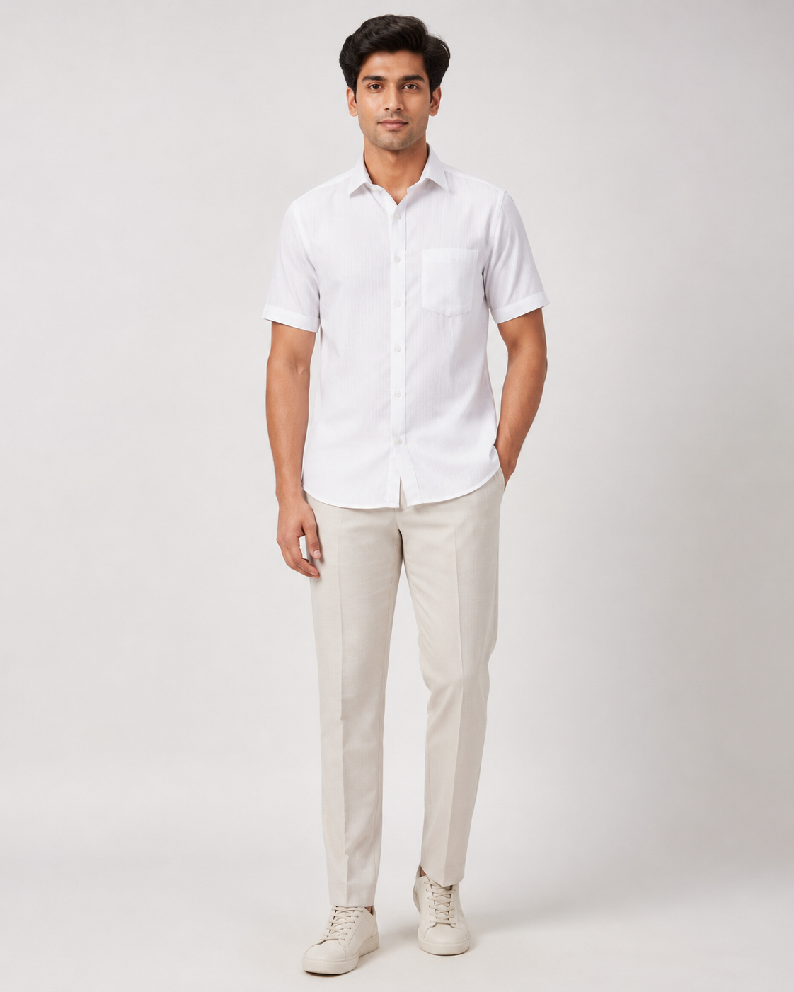 Evora Men's Soft White Vertical Stripe Half Sleeve Cotton Shirt