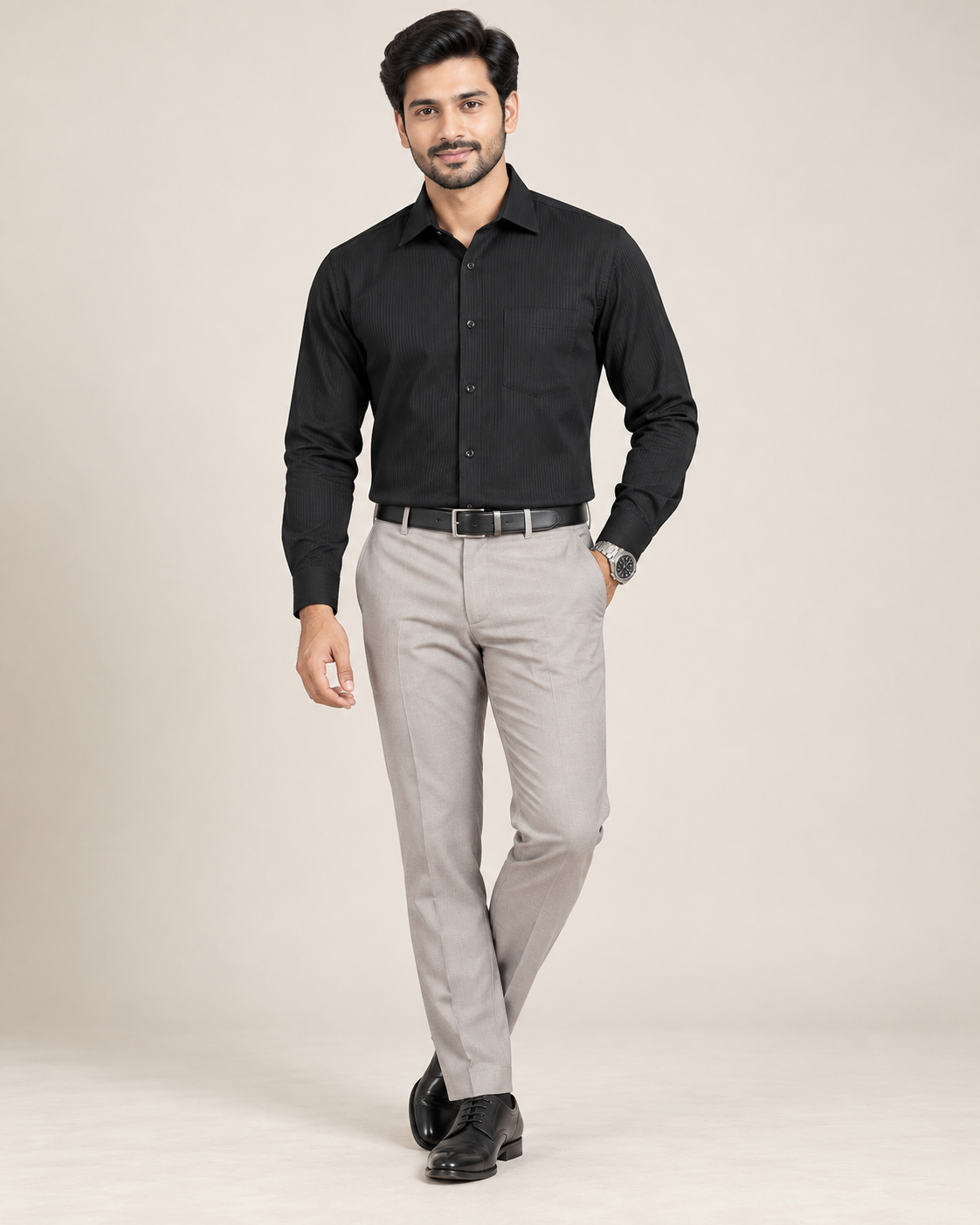 Vijaya Fashion Men's Cotton Slim Fit Full Sleeve Charcoal Black Textured Shirt