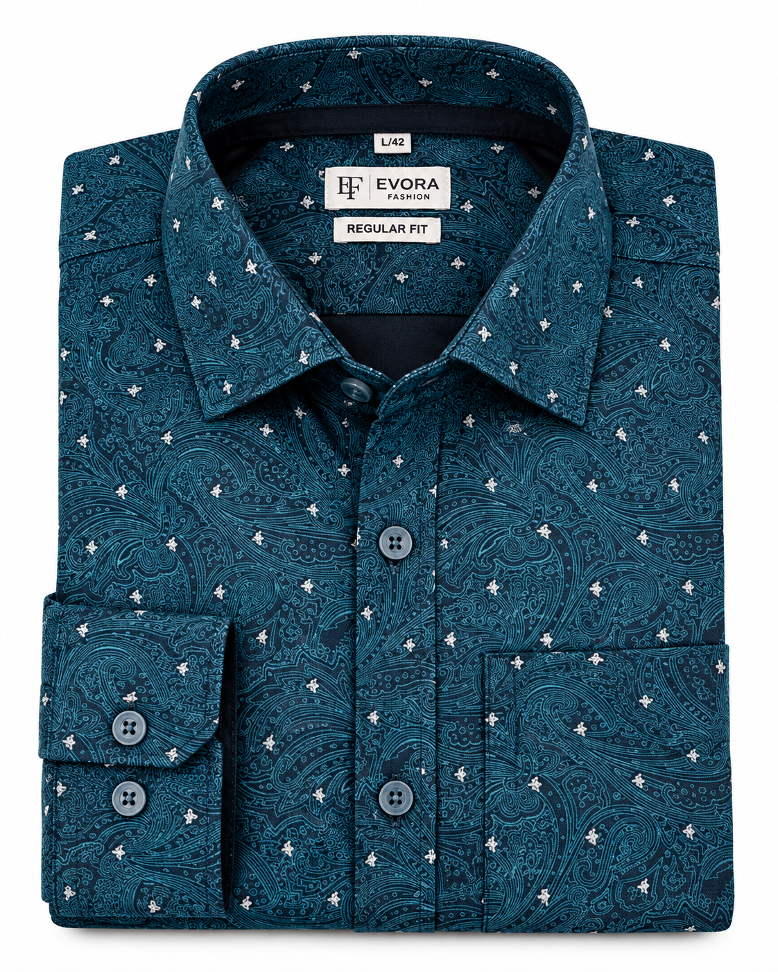 Deep Teal Blue Paisley Print Cotton Full Sleeve Regular Fit Shirt