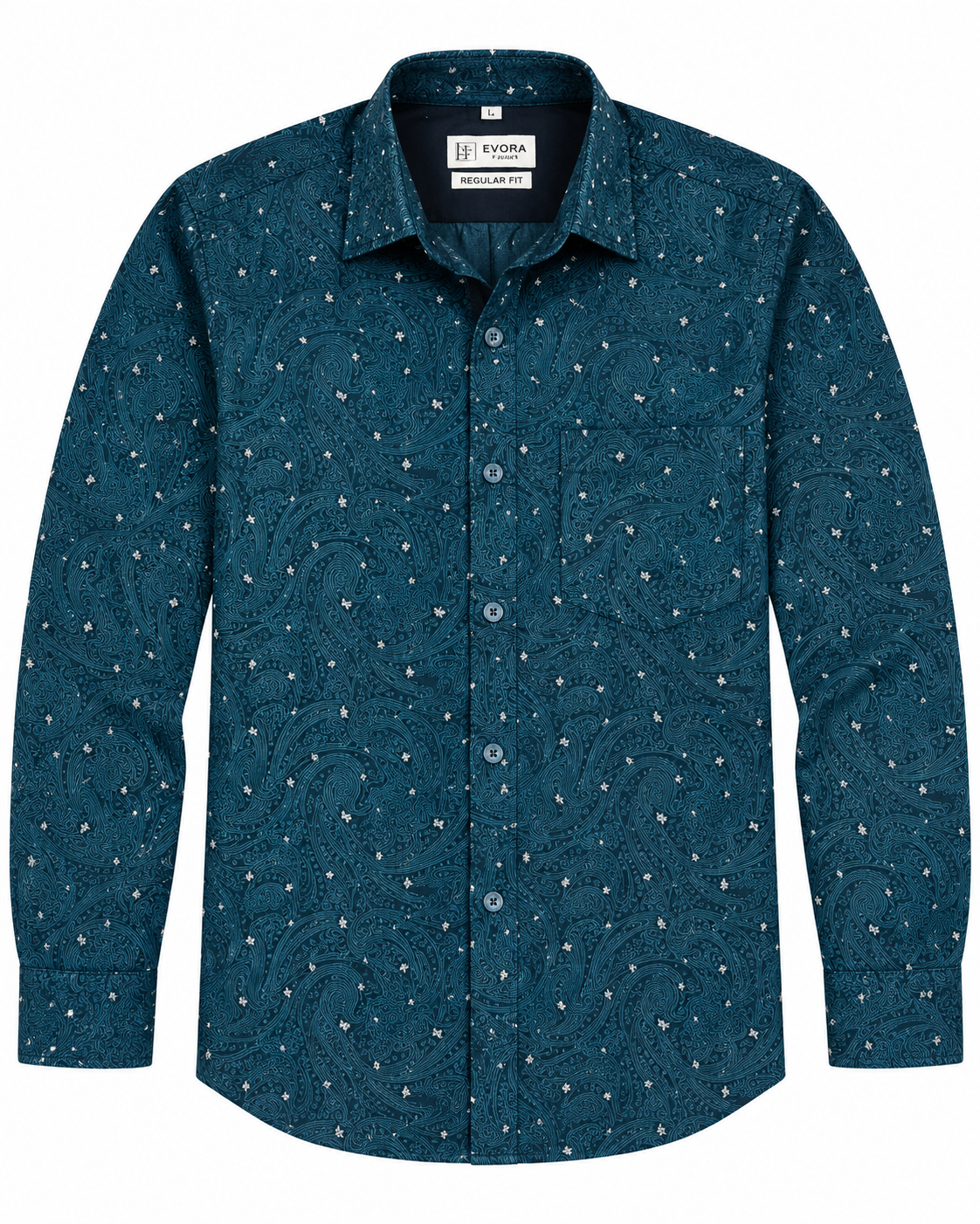 Deep Teal Blue Paisley Print Cotton Full Sleeve Regular Fit Shirt