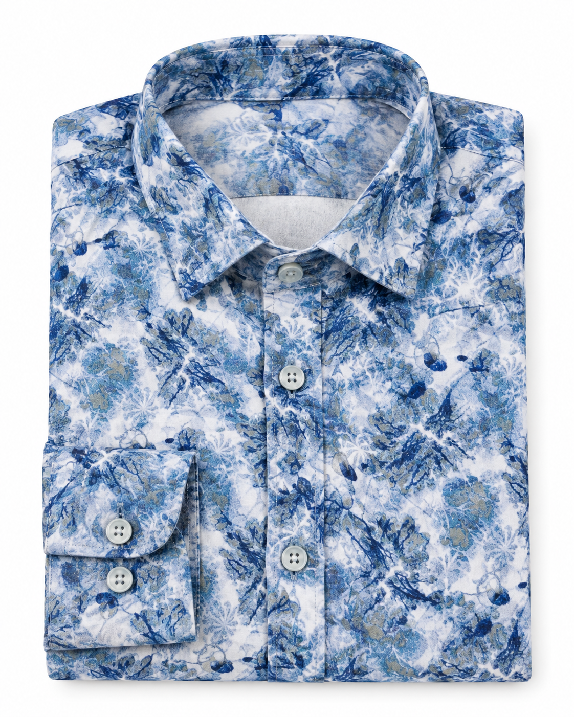 Cobalt Blue Abstract Floral Print Cotton Full Sleeve Regular Fit Shirt
