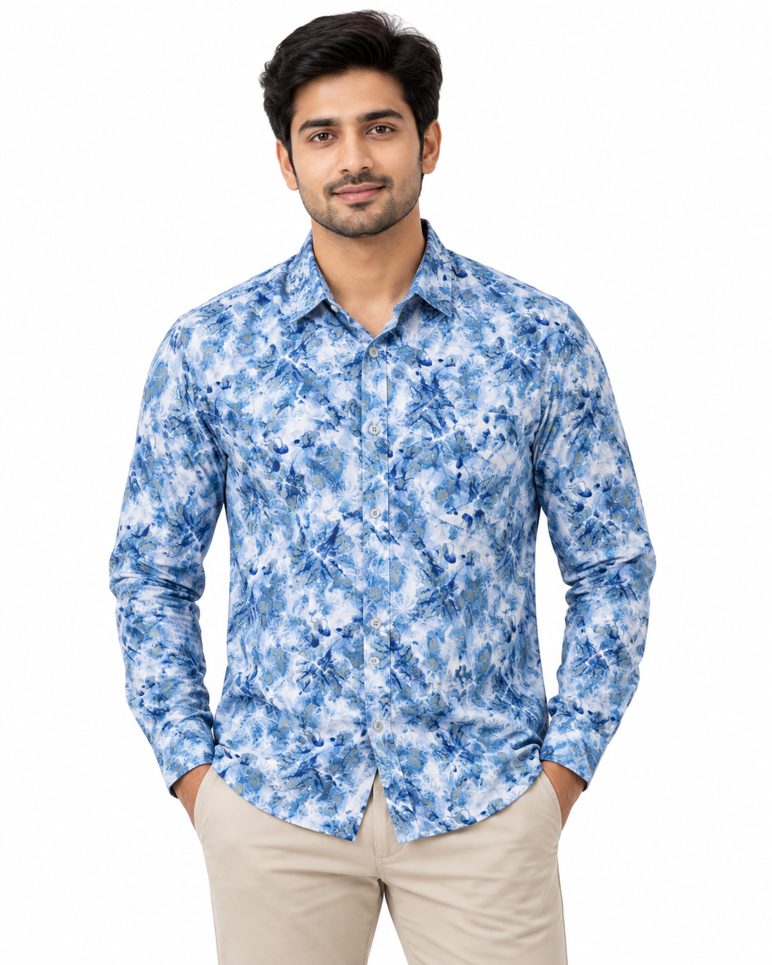 Cobalt Blue Abstract Floral Print Cotton Full Sleeve Regular Fit Shirt