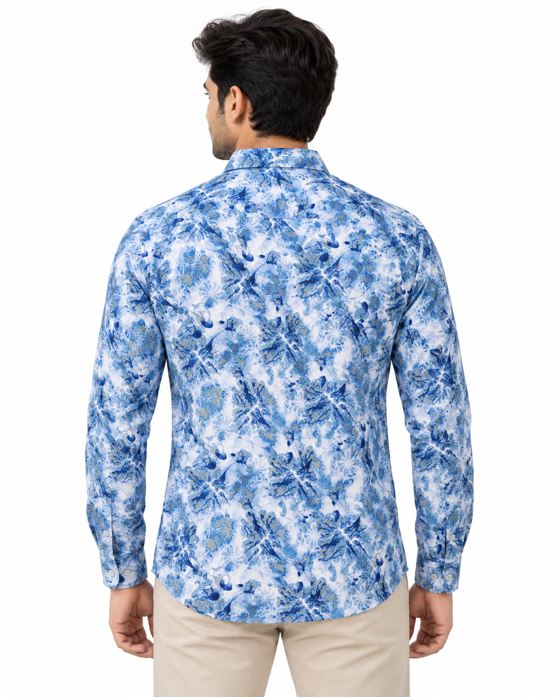 Cobalt Blue Abstract Floral Print Cotton Full Sleeve Regular Fit Shirt