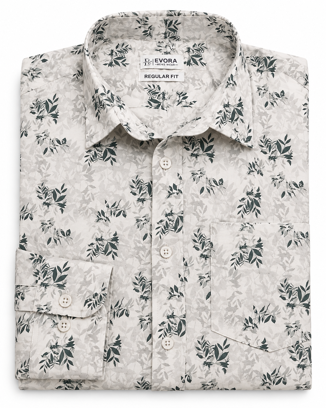 Ivory Cream Botanical Print Cotton Full Sleeve Regular Fit Shirt