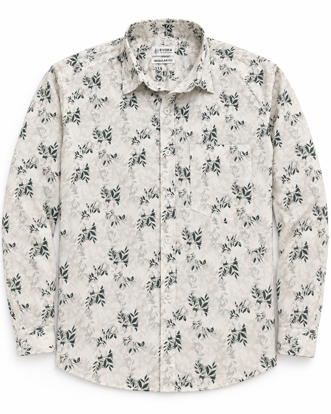 Ivory Cream Botanical Print Cotton Full Sleeve Regular Fit Shirt