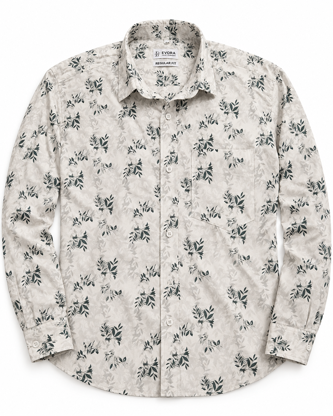 Ivory Cream Botanical Print Cotton Full Sleeve Regular Fit Shirt