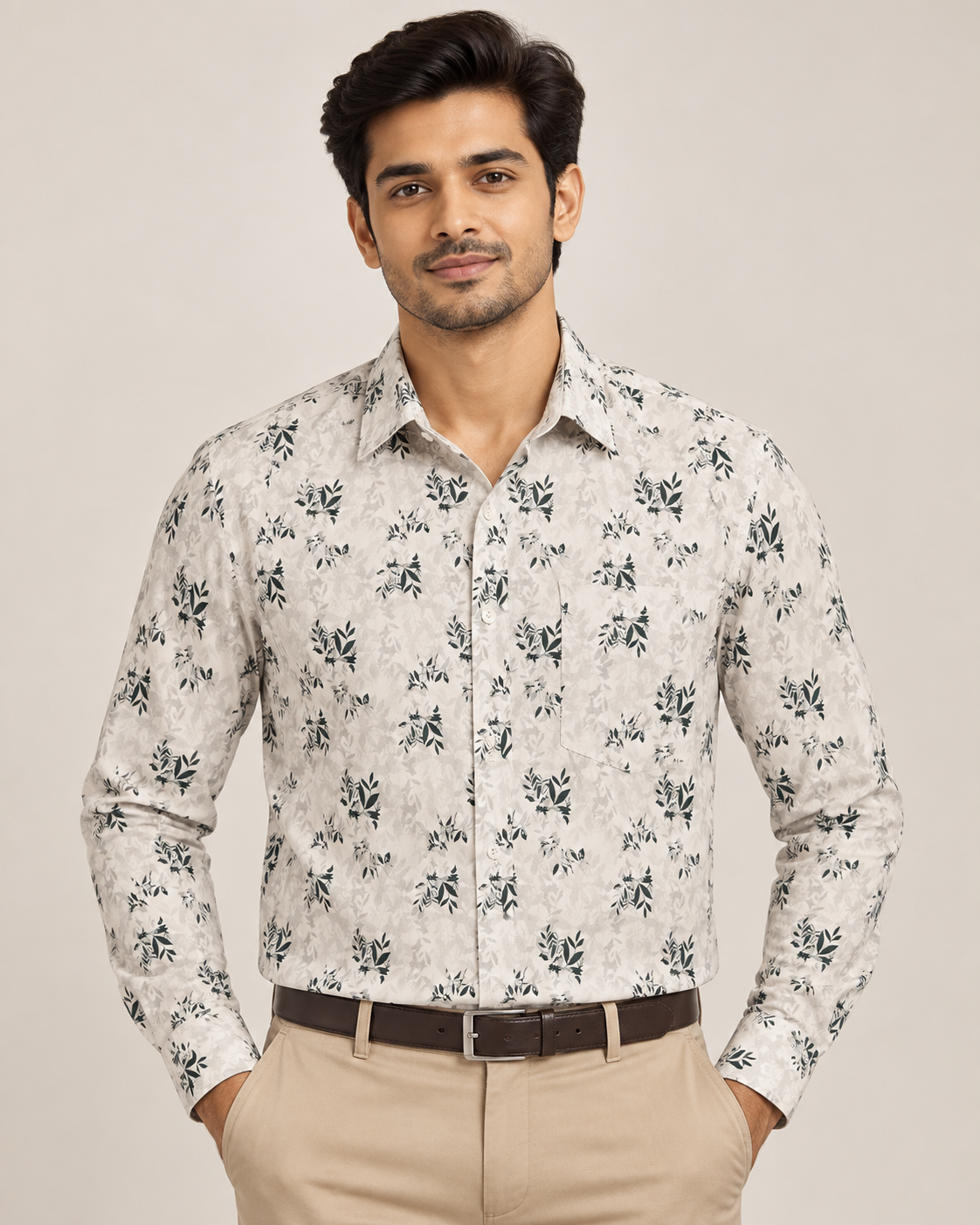 Ivory Cream Botanical Print Cotton Full Sleeve Regular Fit Shirt