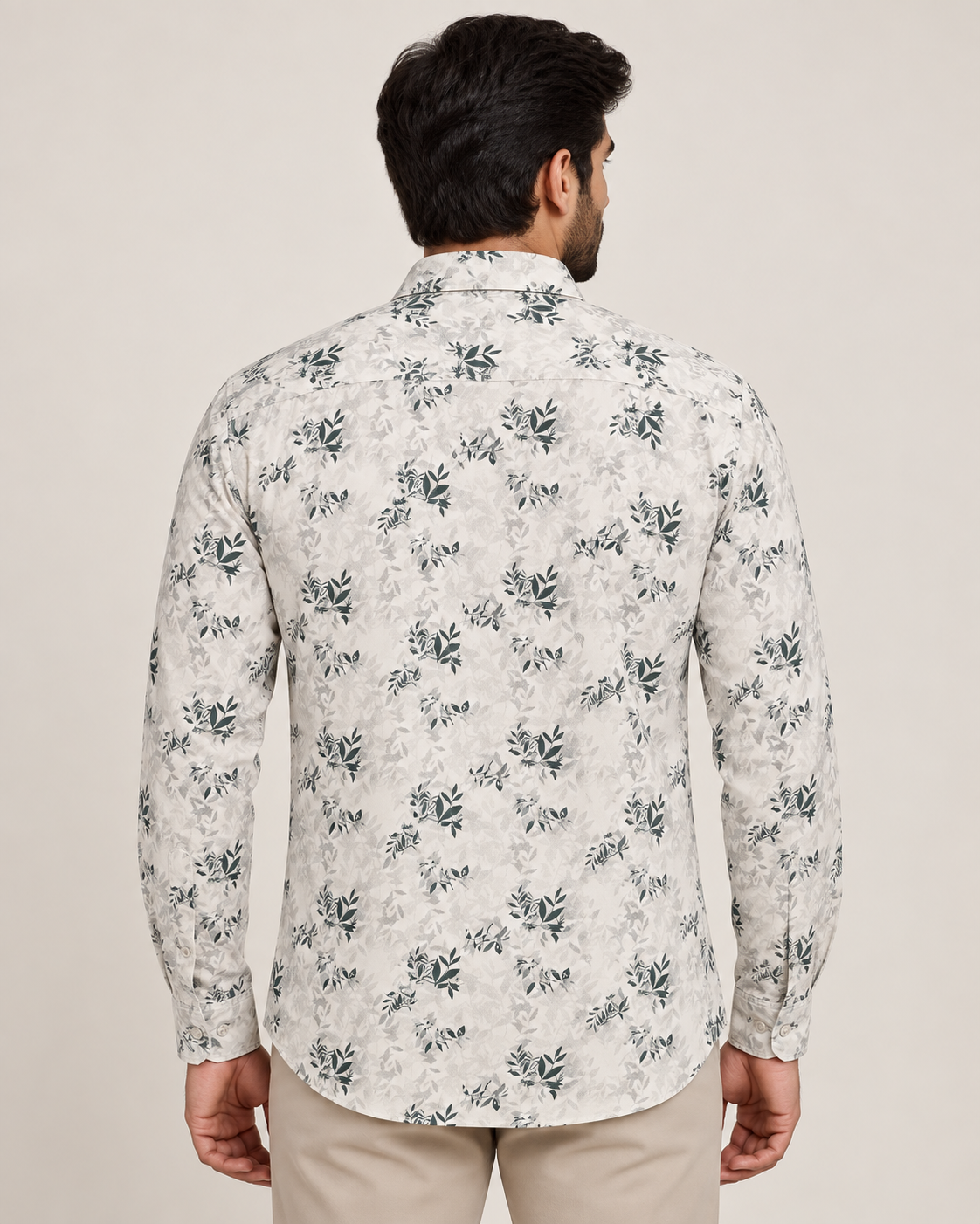 Ivory Cream Botanical Print Cotton Full Sleeve Regular Fit Shirt