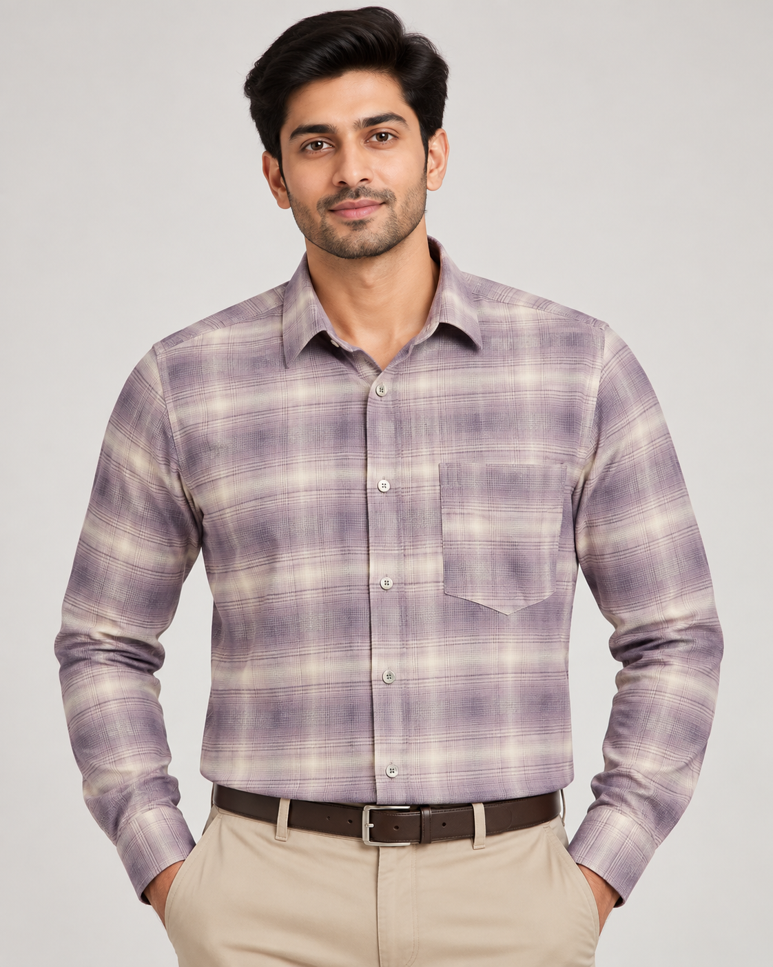 Dusty Mauve Purple Plaid Check Cotton Full Sleeve Regular Fit Shirt