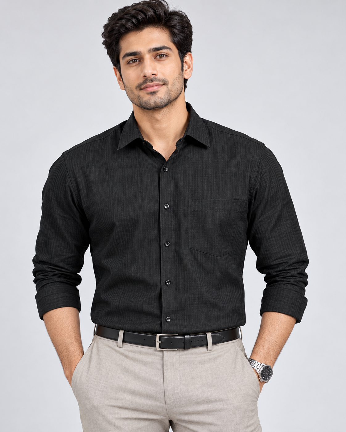 Jet Black Textured Cotton Full Sleeve Regular Fit Shirt