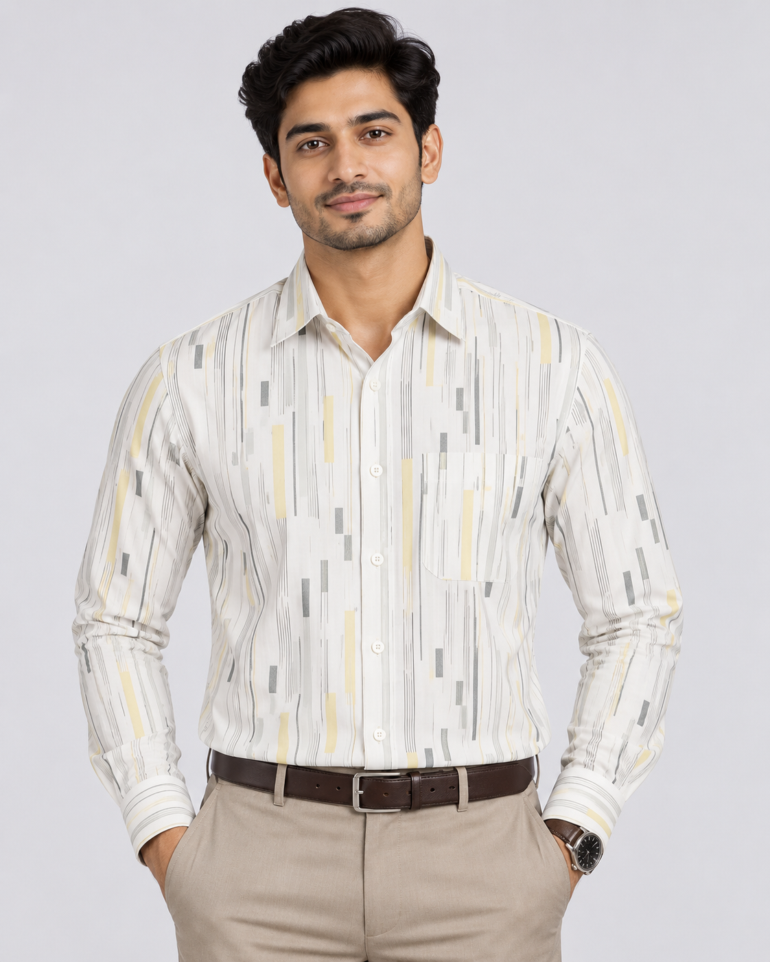 Ivory White Abstract Linear Print Cotton Full Sleeve Regular Fit Shirt