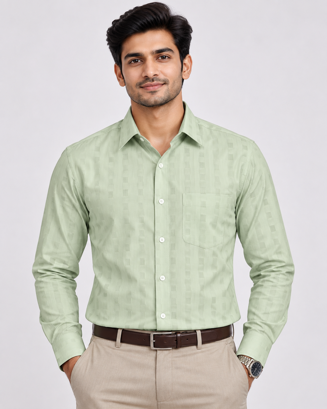 Light Sage Green Self-Pattern Cotton Full Sleeve Regular Fit Shirt