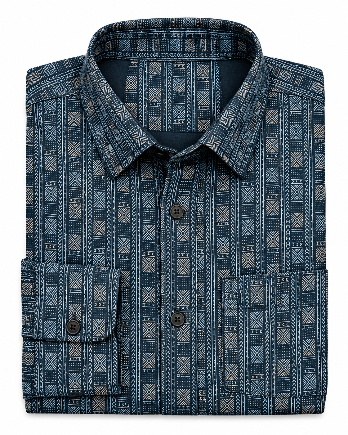 Deep Teal Navy Geometric Print Cotton Full Sleeve Regular Fit Shirt