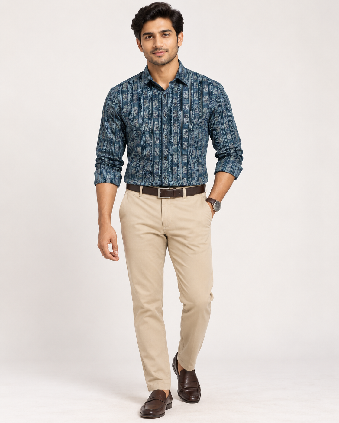 Deep Teal Navy Geometric Print Cotton Full Sleeve Regular Fit Shirt