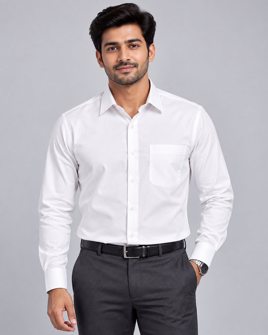Pure White Solid Cotton Full Sleeve Regular Fit Shirt