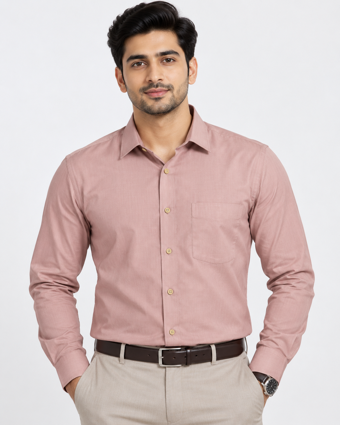 Dusty Rose Pink Solid Cotton Full Sleeve Regular Fit Shirt