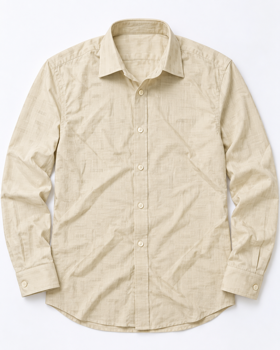 Light Cream Beige Self-Pattern Cotton Full Sleeve Regular Fit Shirt