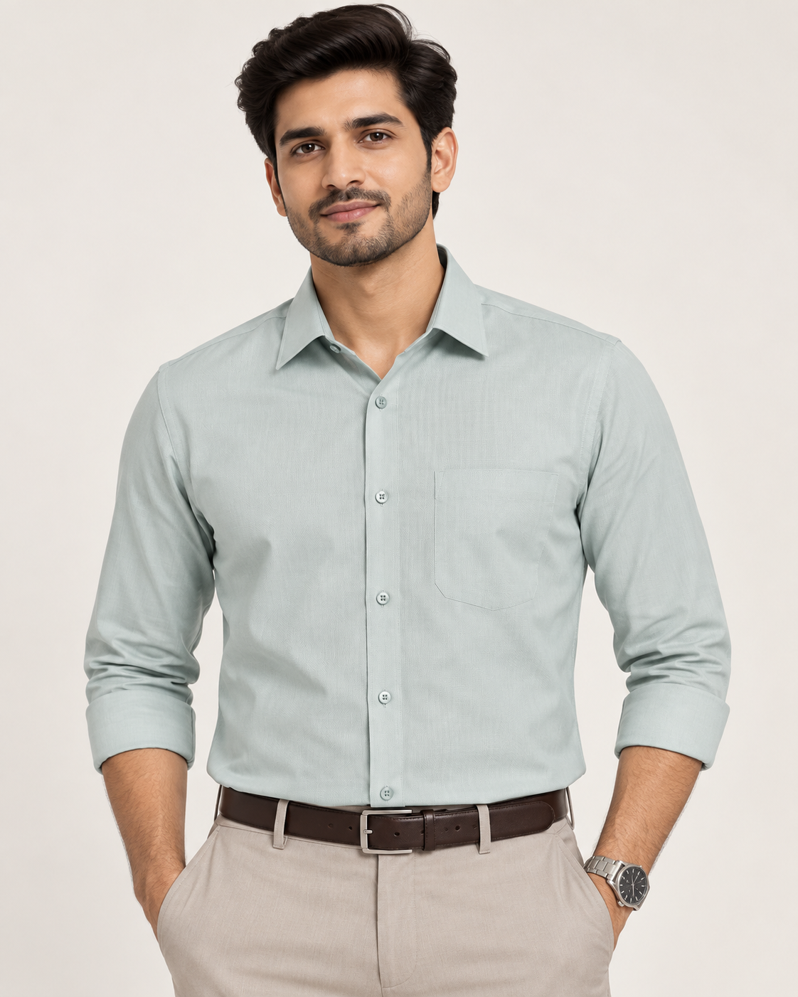 Pale Mint Green Textured Full Sleeve Regular Fit Shirt