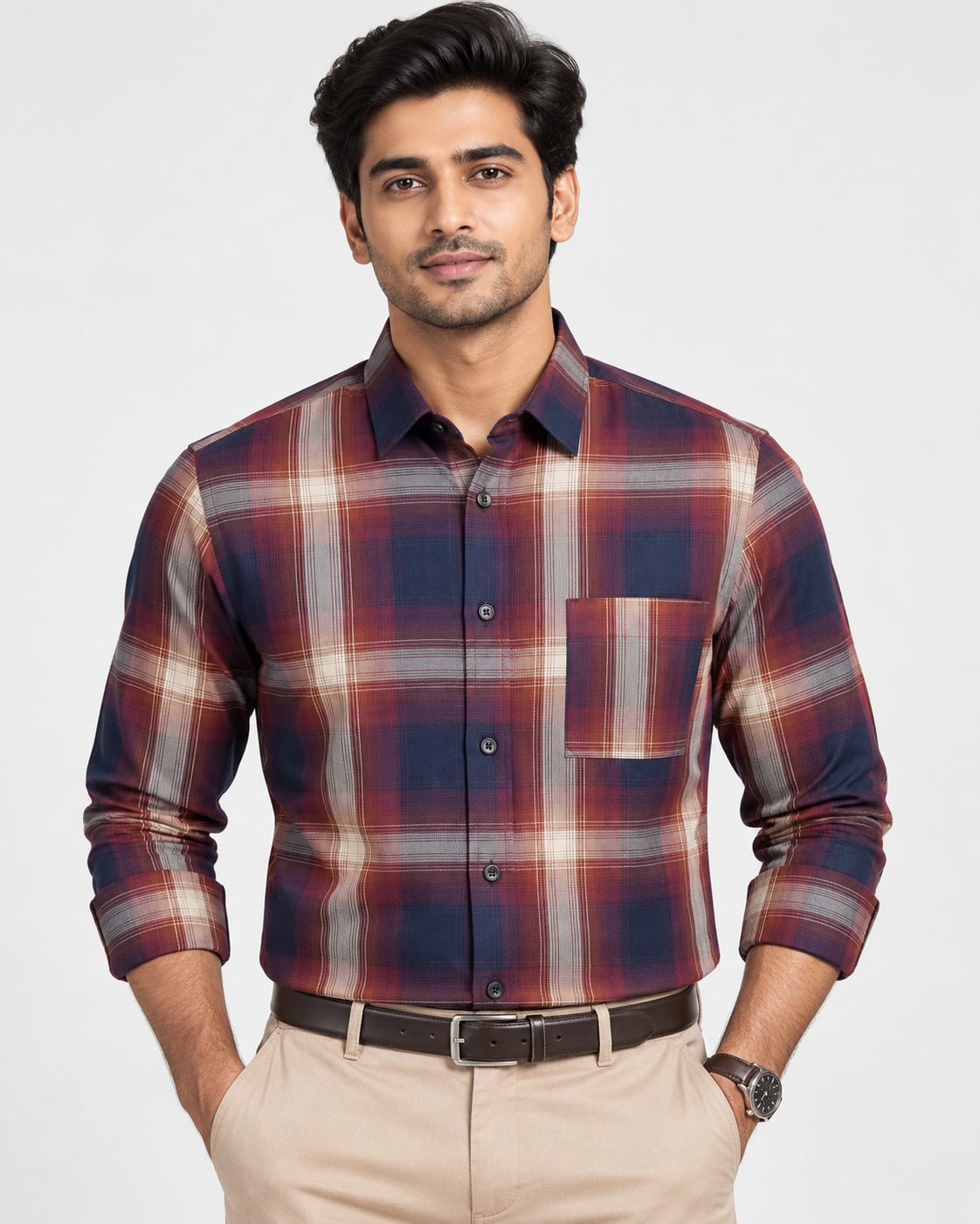 Burgundy Red Navy Plaid Check Full Sleeve Regular Fit Shirt