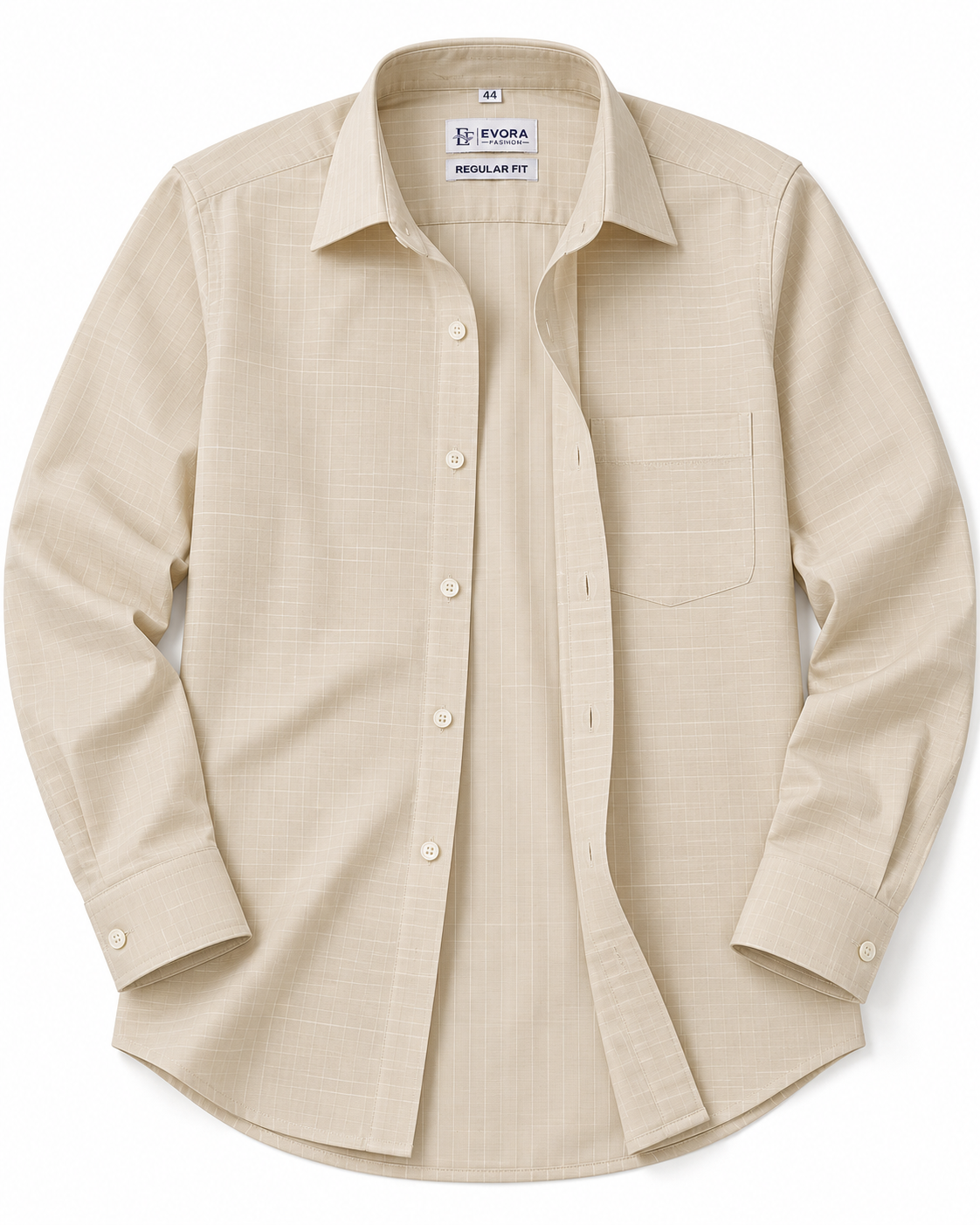 Light Sand Beige Fine Check Full Sleeve Regular Fit Shirt