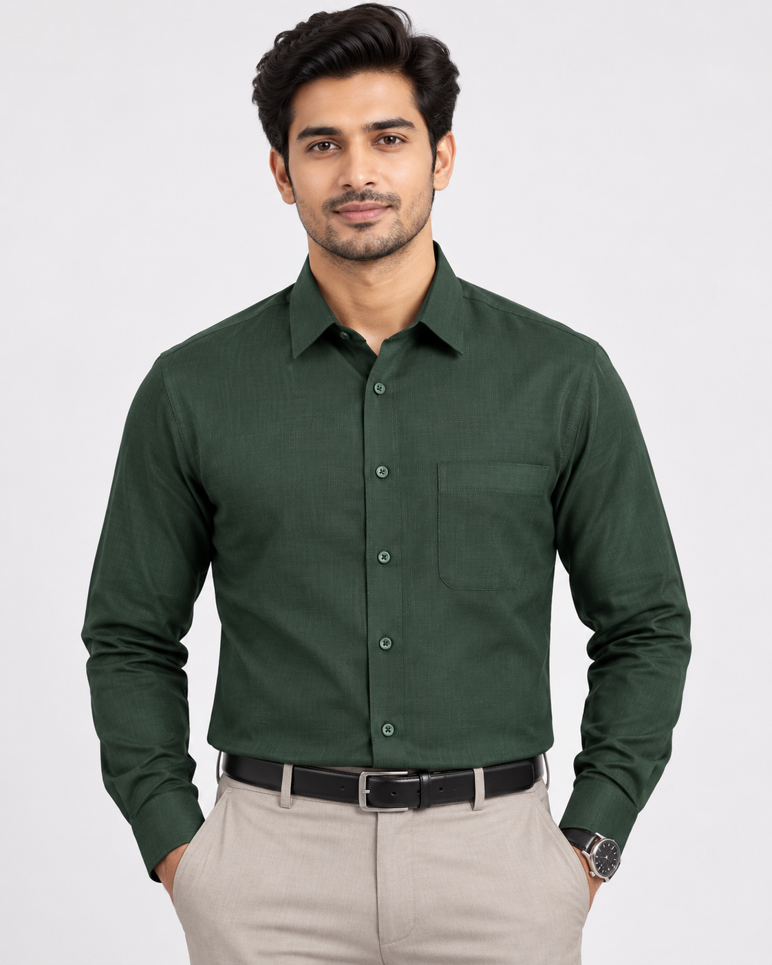 Deep Forest Green Textured Full Sleeve Regular Fit Shirt