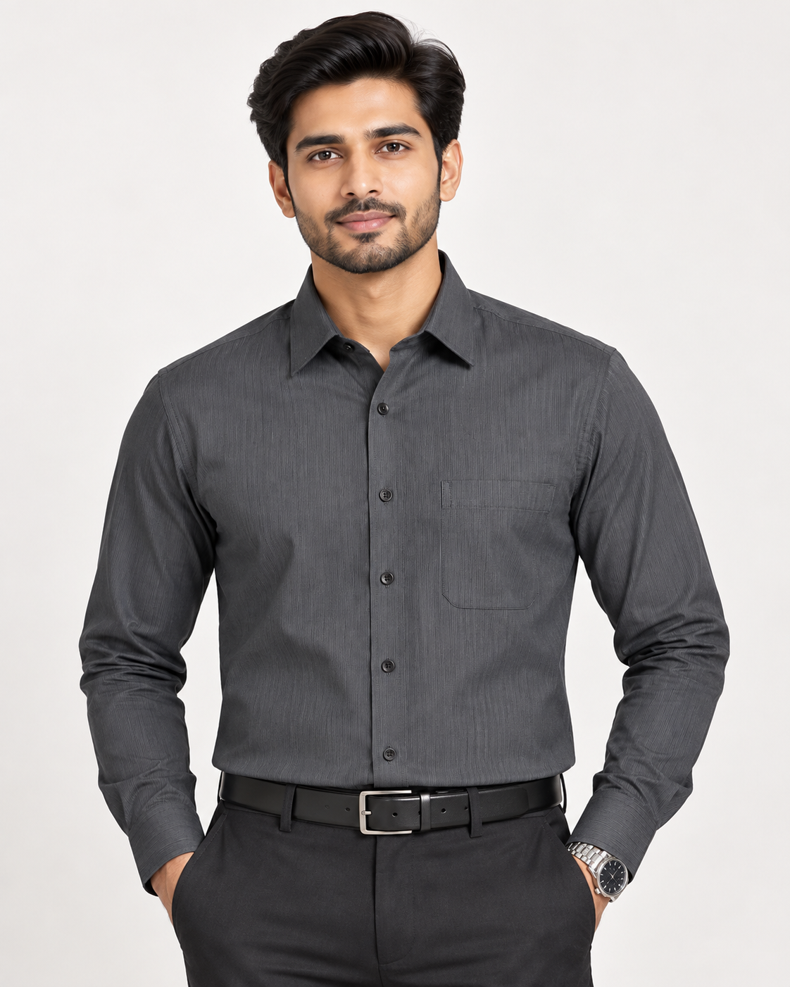 Graphite Charcoal Gray Textured Full Sleeve Regular Fit Shirt