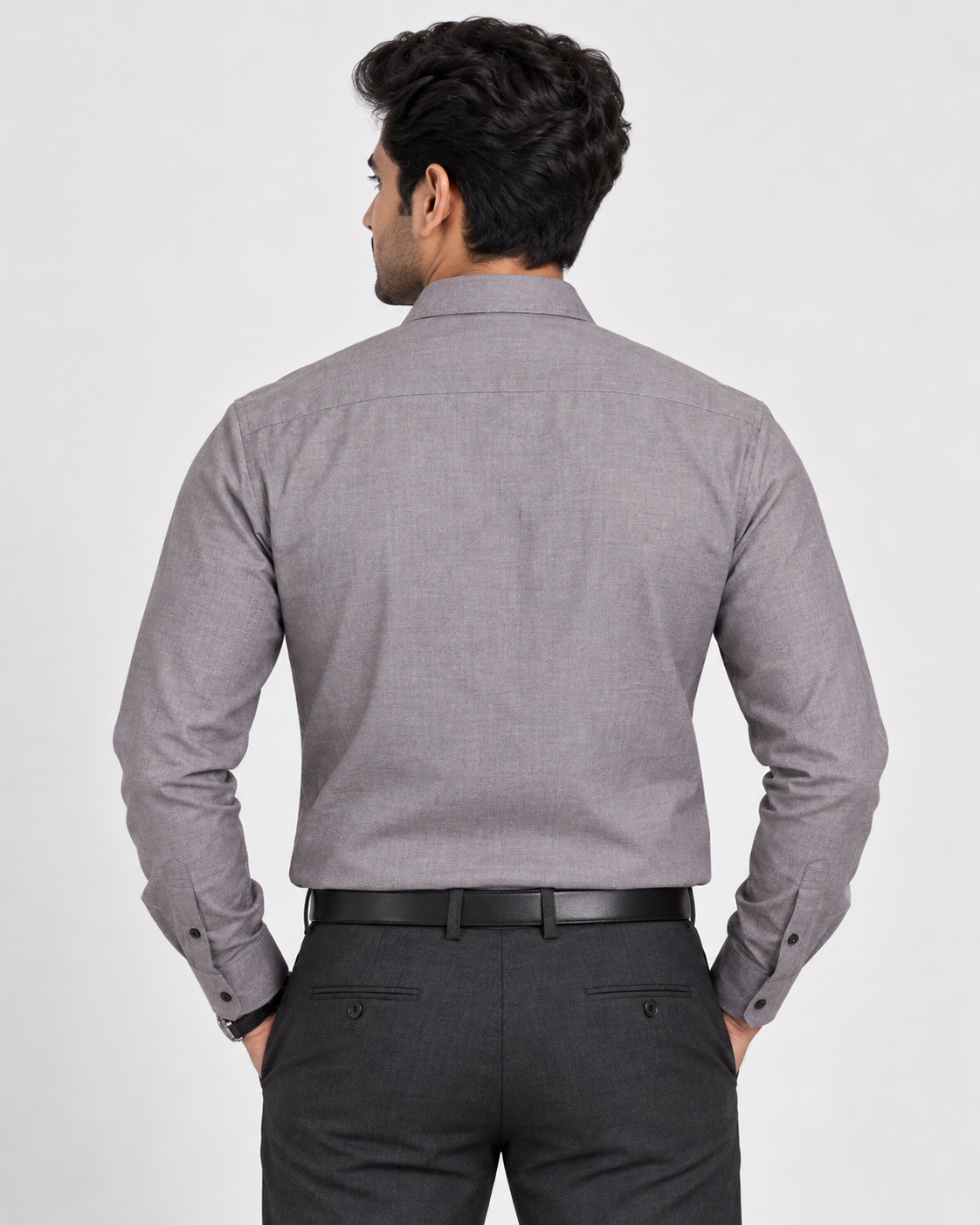 Warm Stone Gray Textured Polyester Blend Full Sleeve Regular Fit Shirt