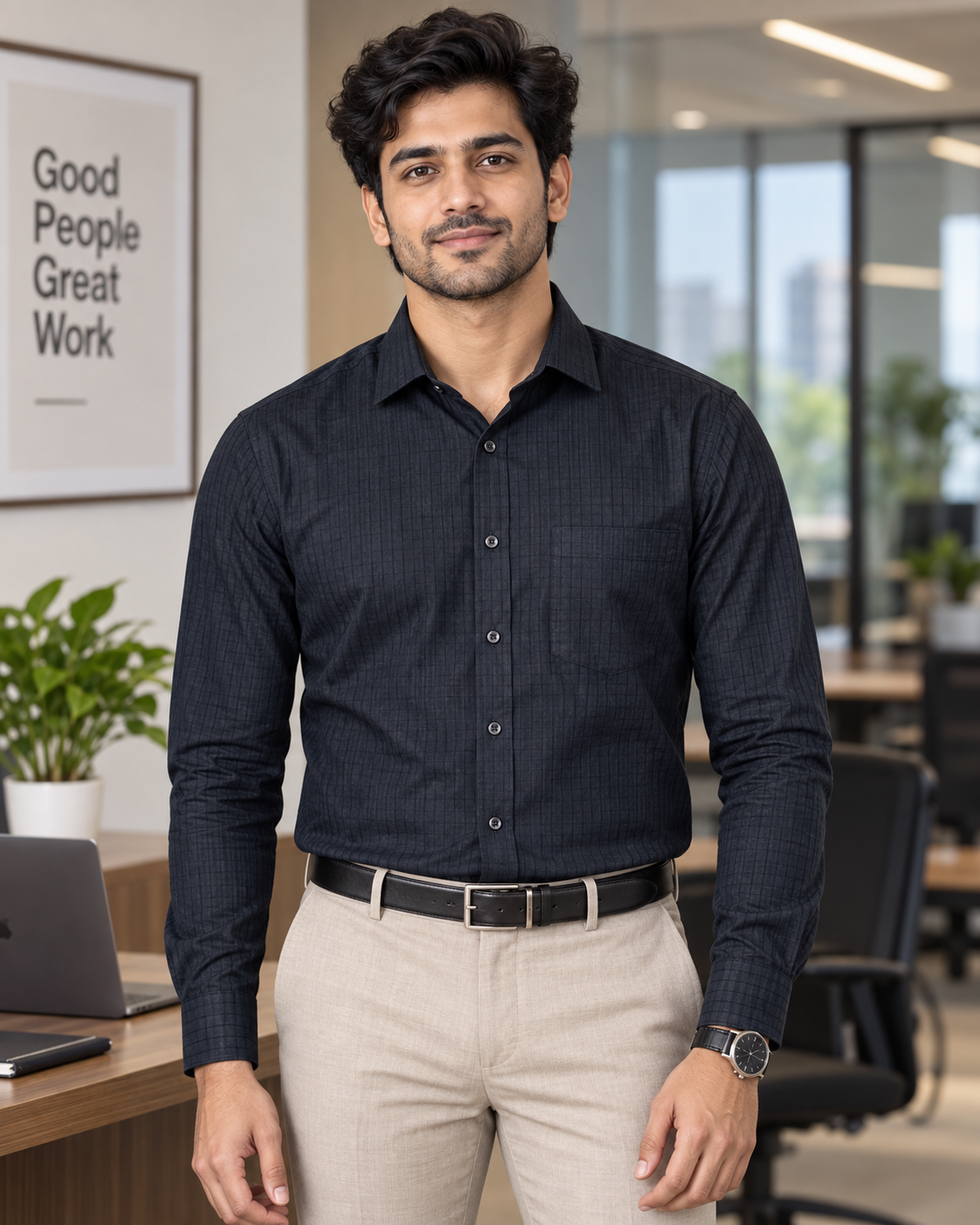 Midnight Navy Self-Check Cotton Full Sleeve Slim Fit Shirt