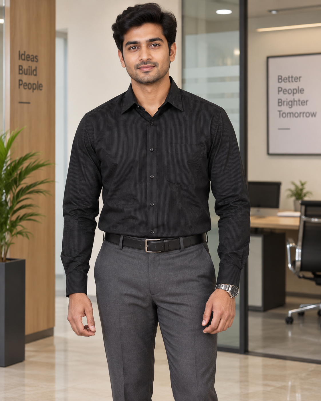 Onyx Black Tonal Stripe Cotton Full Sleeve Slim Fit Shirt