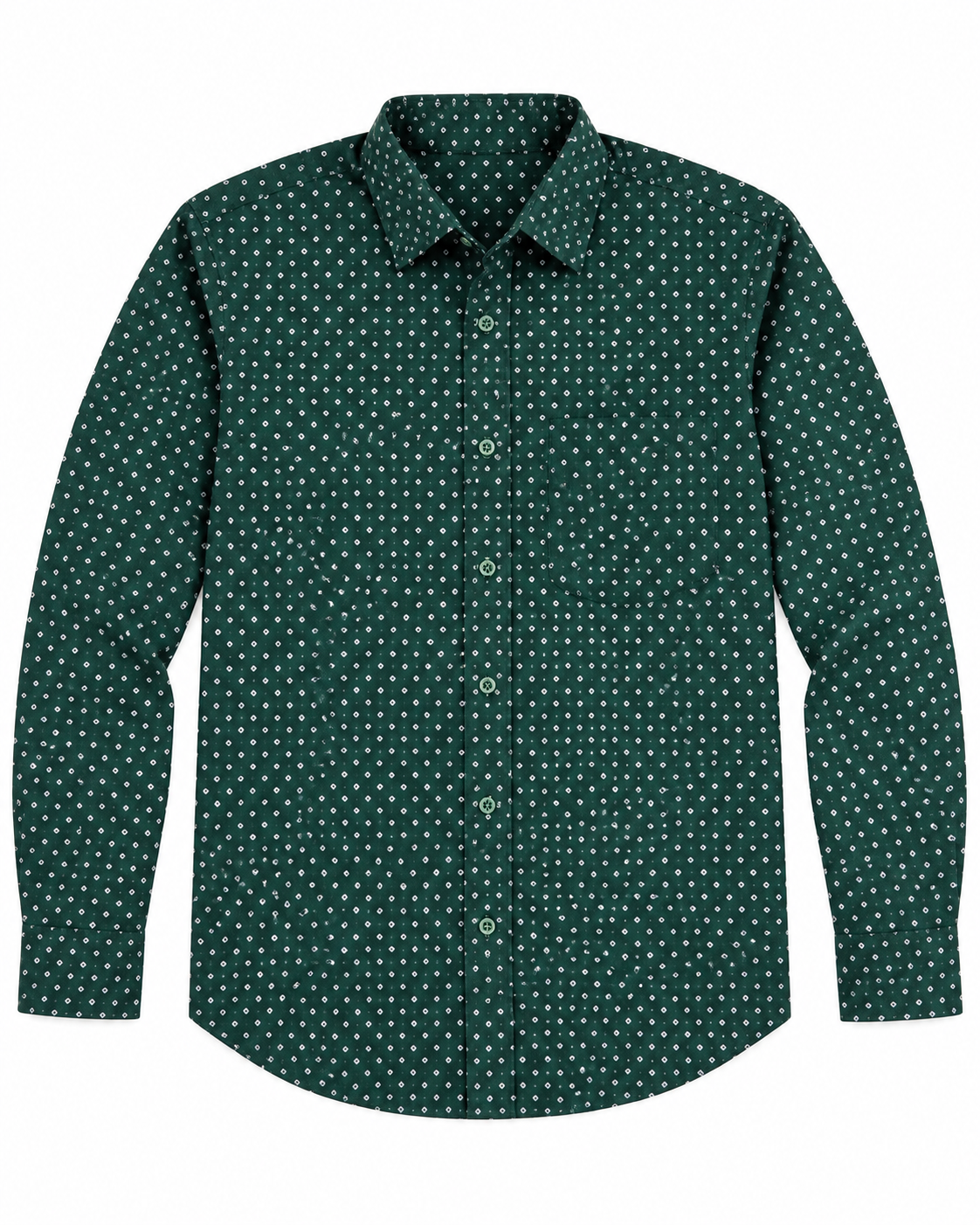 Deep Bottle Green Micro Geometric Print Cotton Full Sleeve Slim Fit Shirt