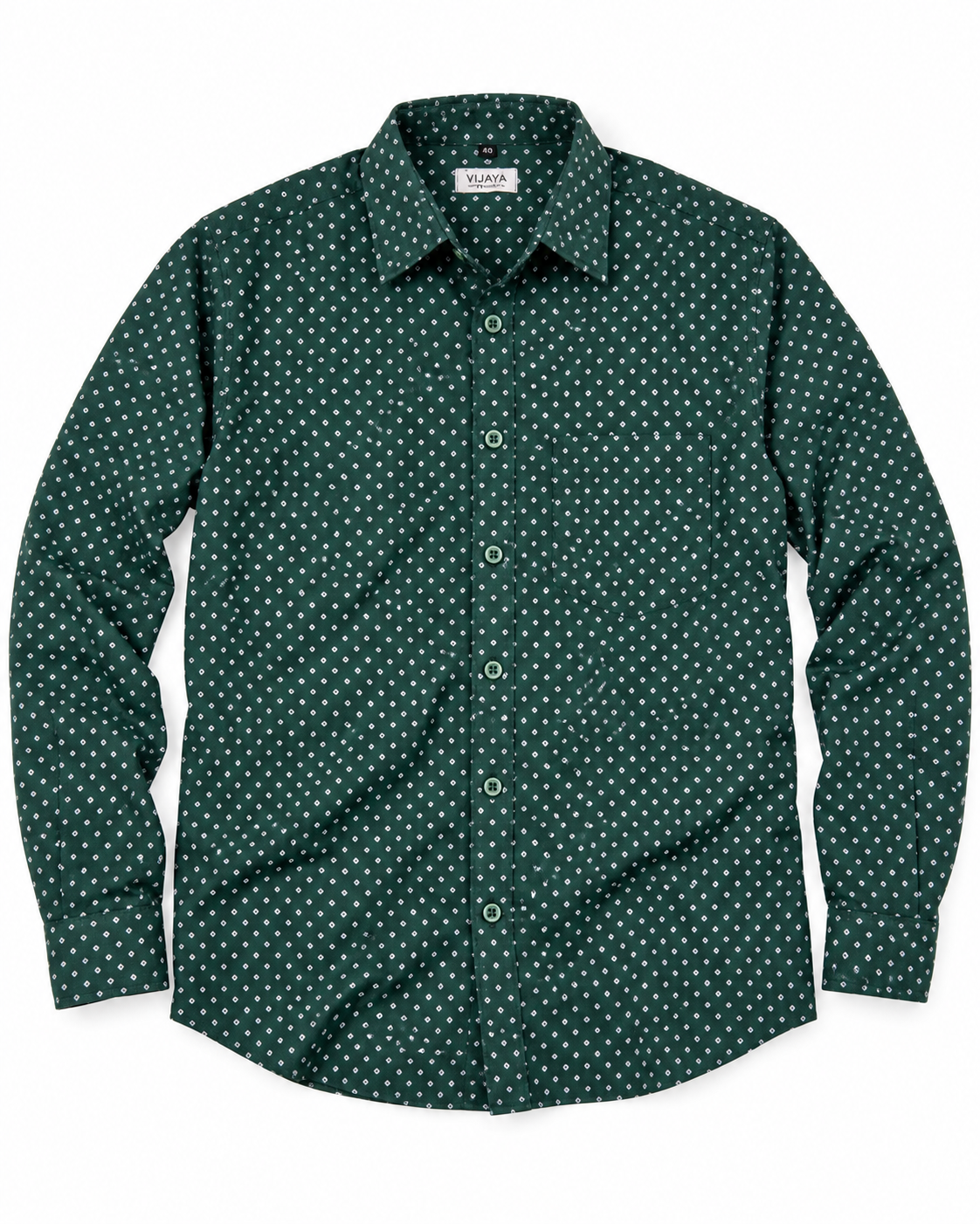 Deep Bottle Green Micro Geometric Print Cotton Full Sleeve Slim Fit Shirt