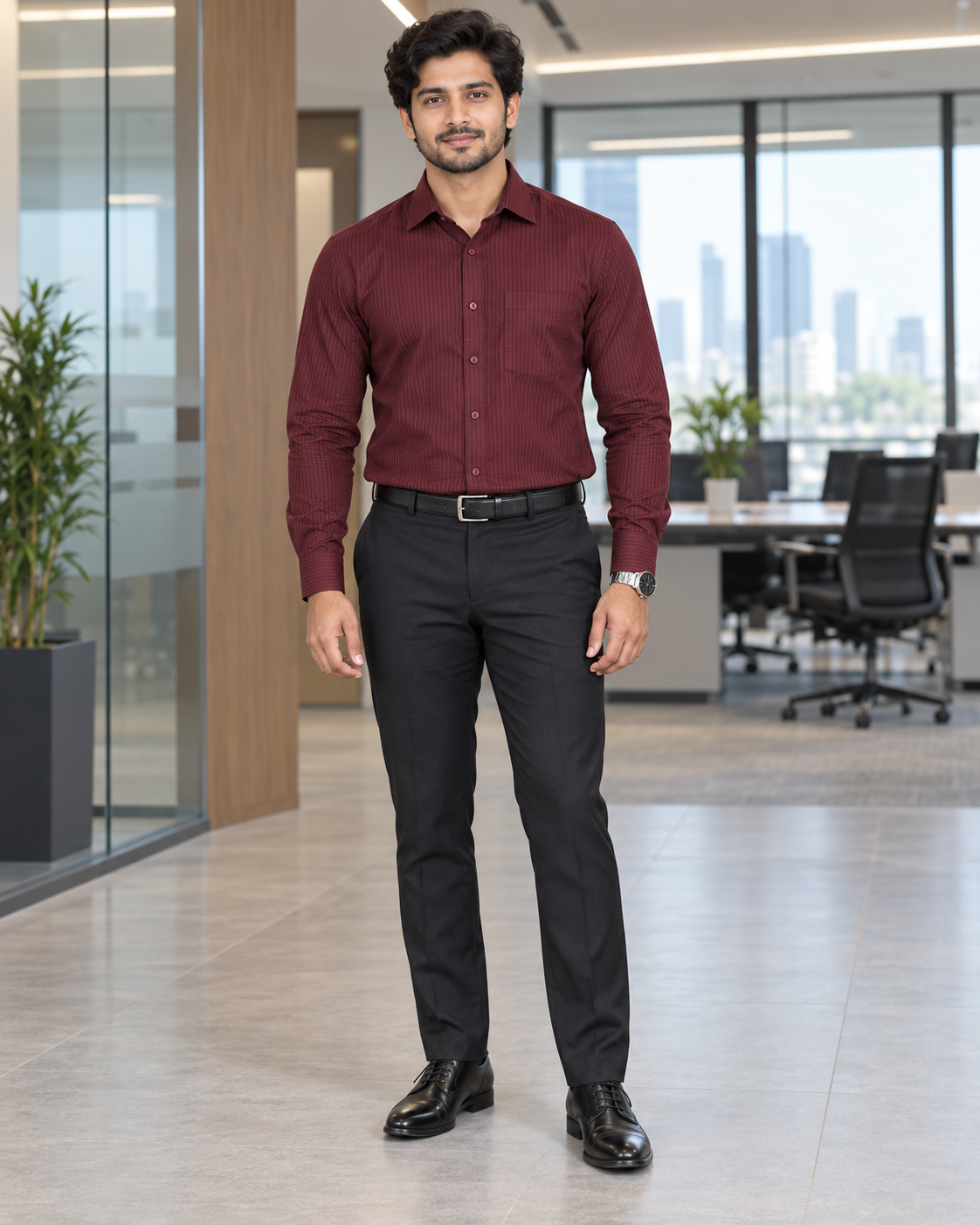 Burgundy Wine Red Tonal Stripe Cotton Full Sleeve Slim Fit Shirt