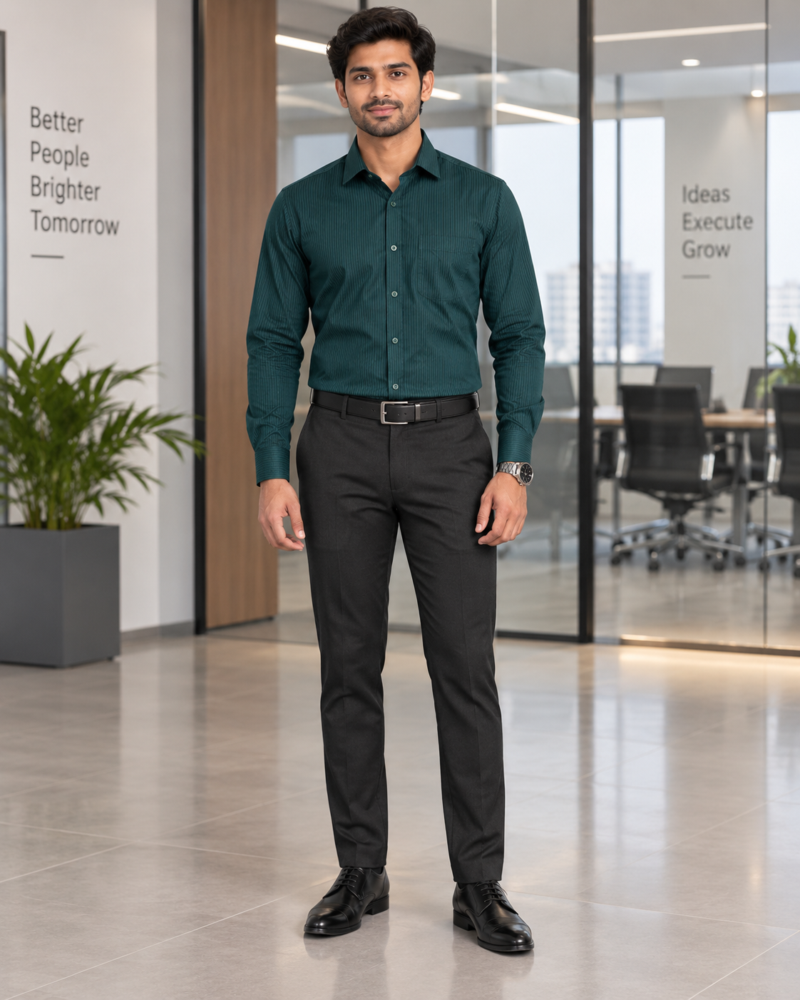 Deep Teal Green Tonal Stripe Cotton Full Sleeve Slim Fit Shirt